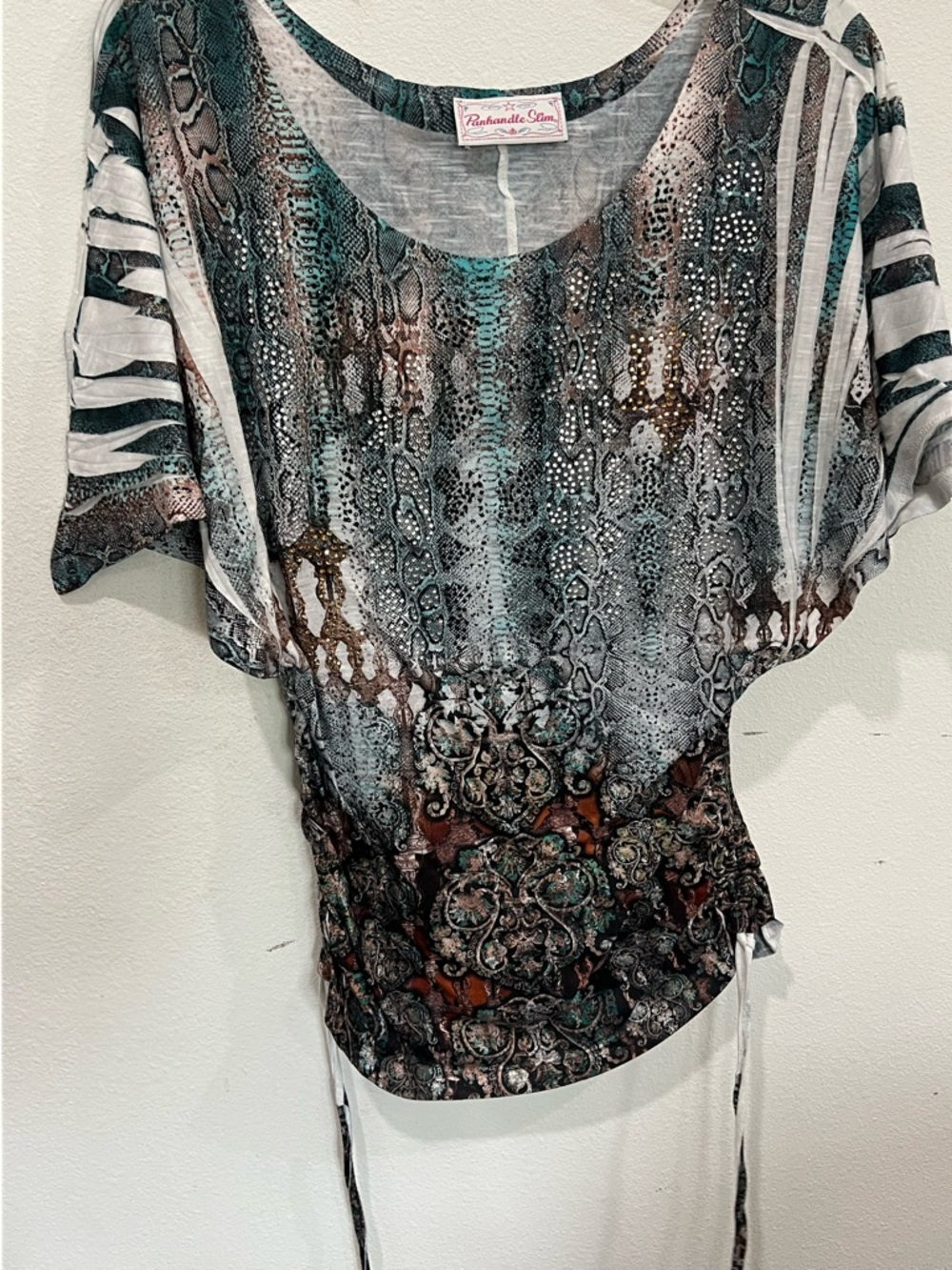 Panhandle Slim Multi-Print Batwing Tunic in Teal, Brown, Black